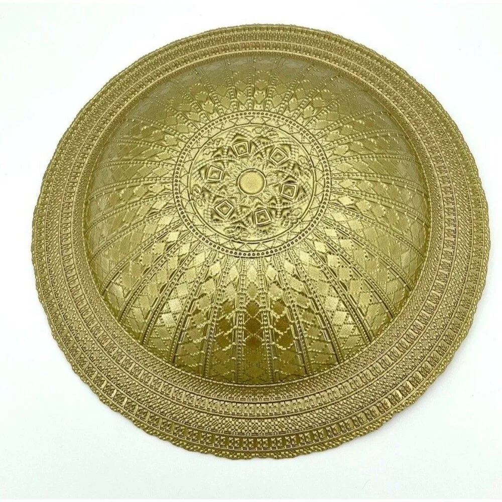 Turkish Glass Round Bowl Dinner Display Gold Lace Print 13.75